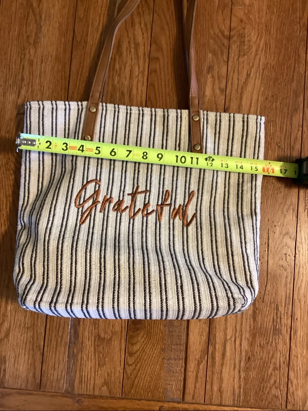 “Grateful” blue and white striped tote bag with tan straps